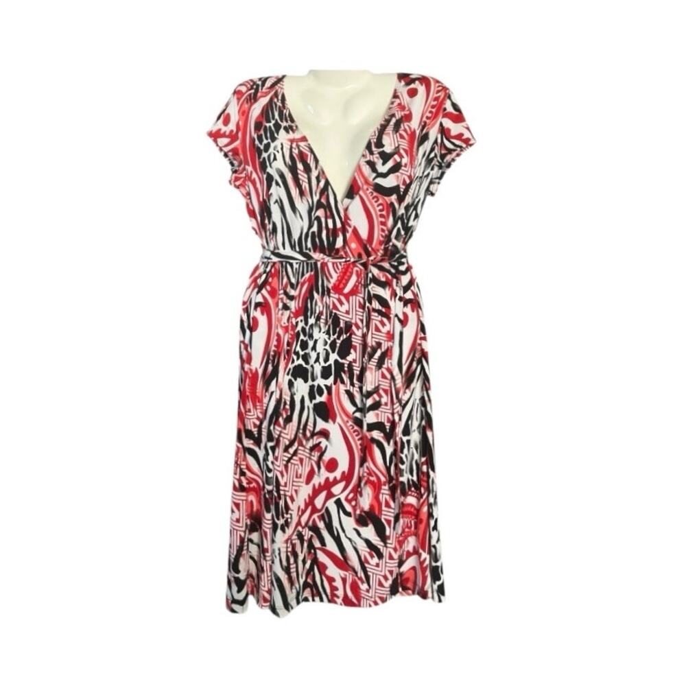 Notations Women's Abstract Print Short Sleeve Wrap Dress Belt Classic Chic SZ M
